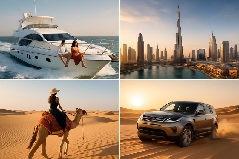 Luxury travel experiences in Dubai, featuring yachts, city skyline, and desert adventures Luxury travel experiences in Dubai, featuring yachts, city skyline, and desert adventures