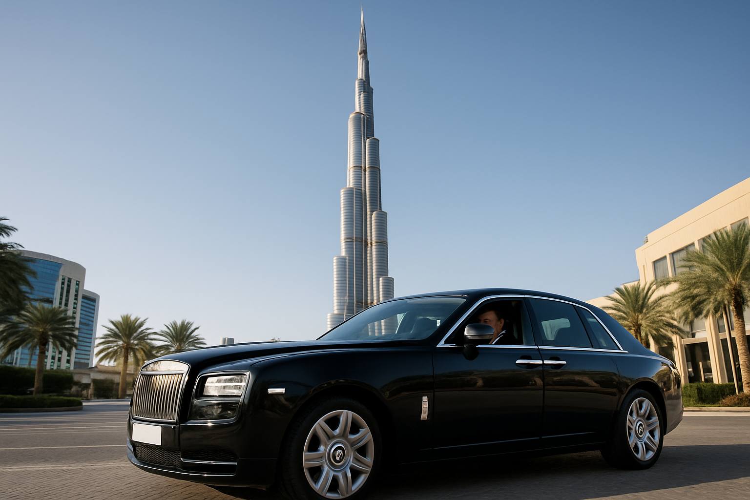 Chauffeured luxury car in front of the Burj Khalifa