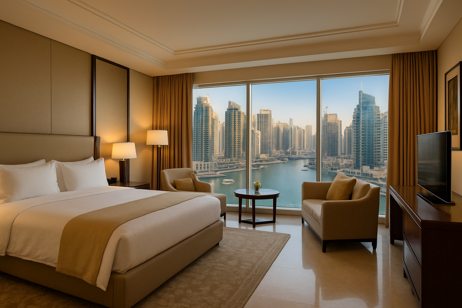 Five-star hotel suite overlooking Dubai Marina