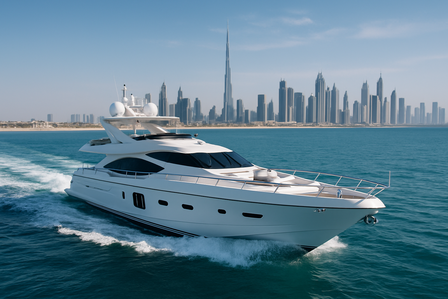 Luxury yacht cruising along the Dubai coastline